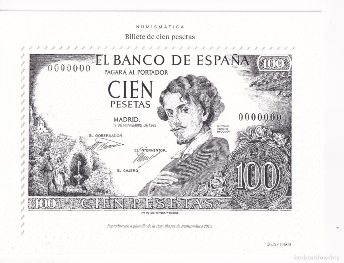 Briefmarken: Sellos Espa&ntilde;a a&ntilde;o 2023 prueba calcografica Billete de 100 pesetas