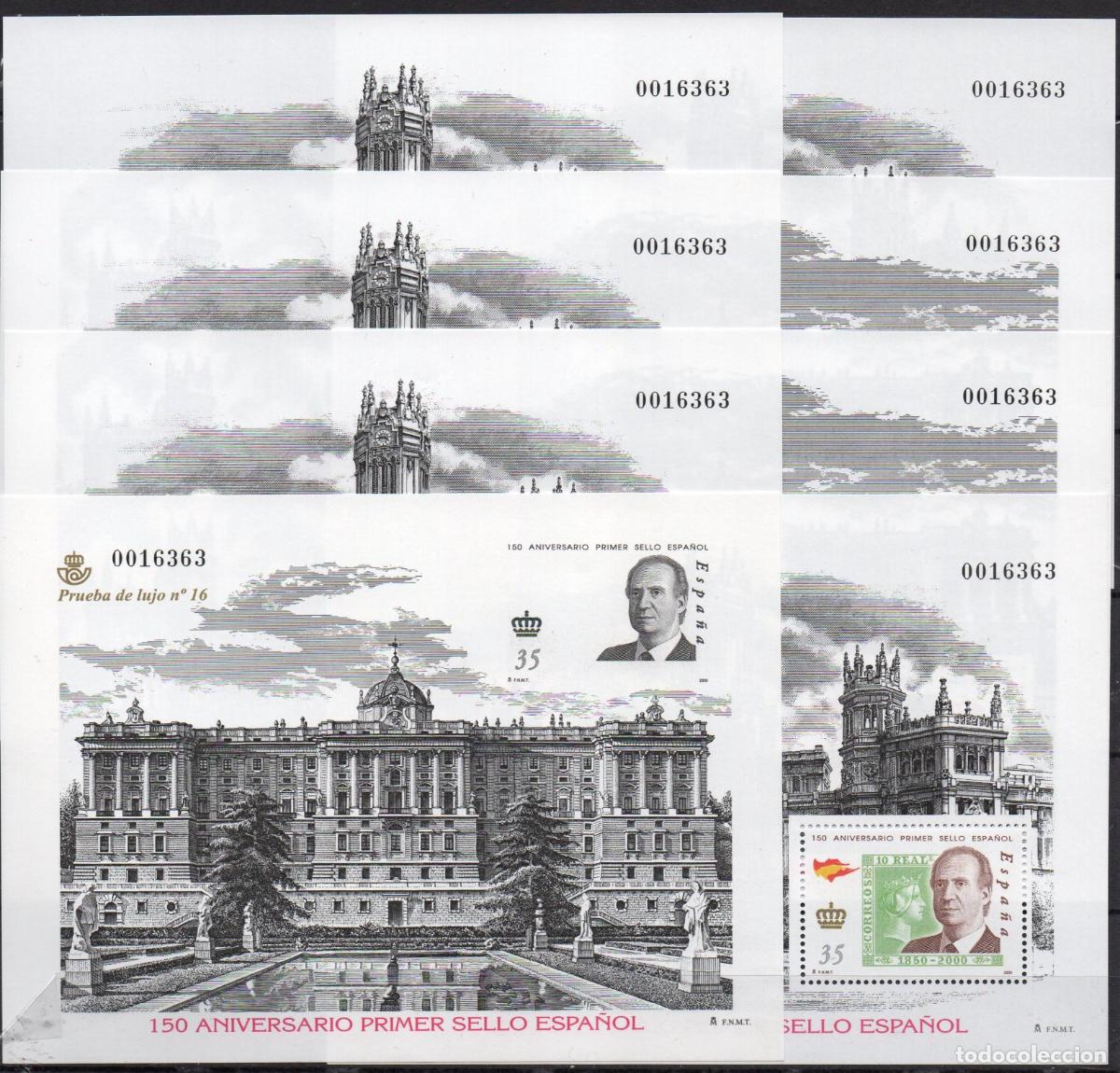 Stamps: Sellos Espa&ntilde;a a&ntilde;o 2000 150 aniversario primer sello espa&ntilde;ol PL y 7 hojitas sin carpetilla