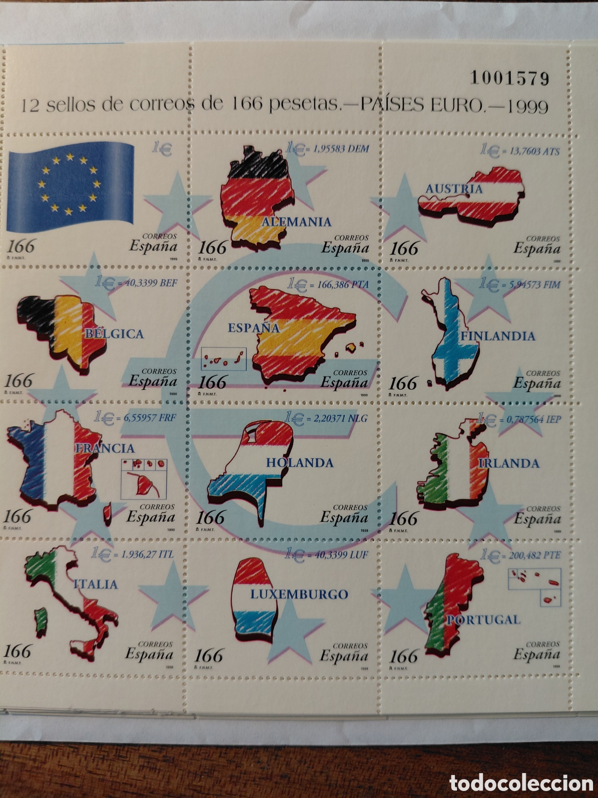 Sellos: Pliego 12x166 pts Pa&iacute;ses del euro 1999