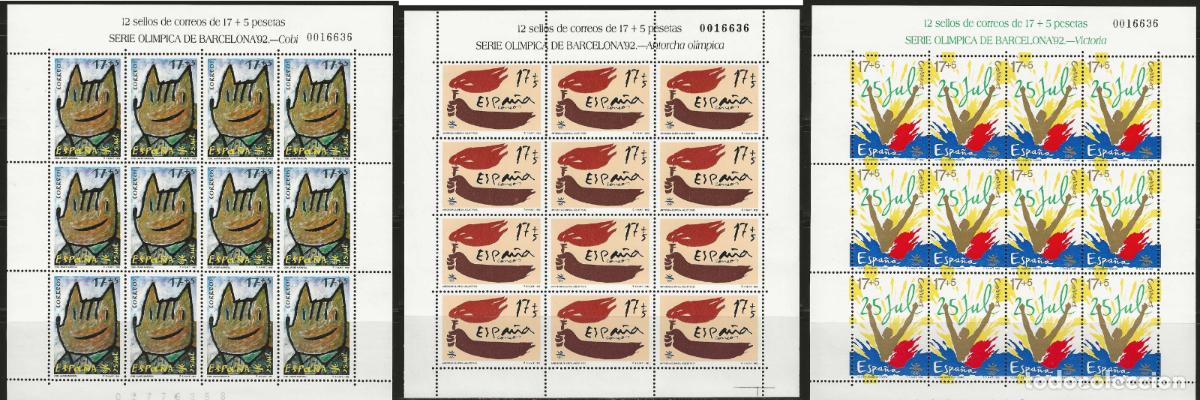 Sellos: Sellos Espa&ntilde;a A&ntilde;o 1992 minipliego n&ordm;43/45 Barcelona 92 Cobi, Antorcha y Victoria valor catalogo 21&euro;
