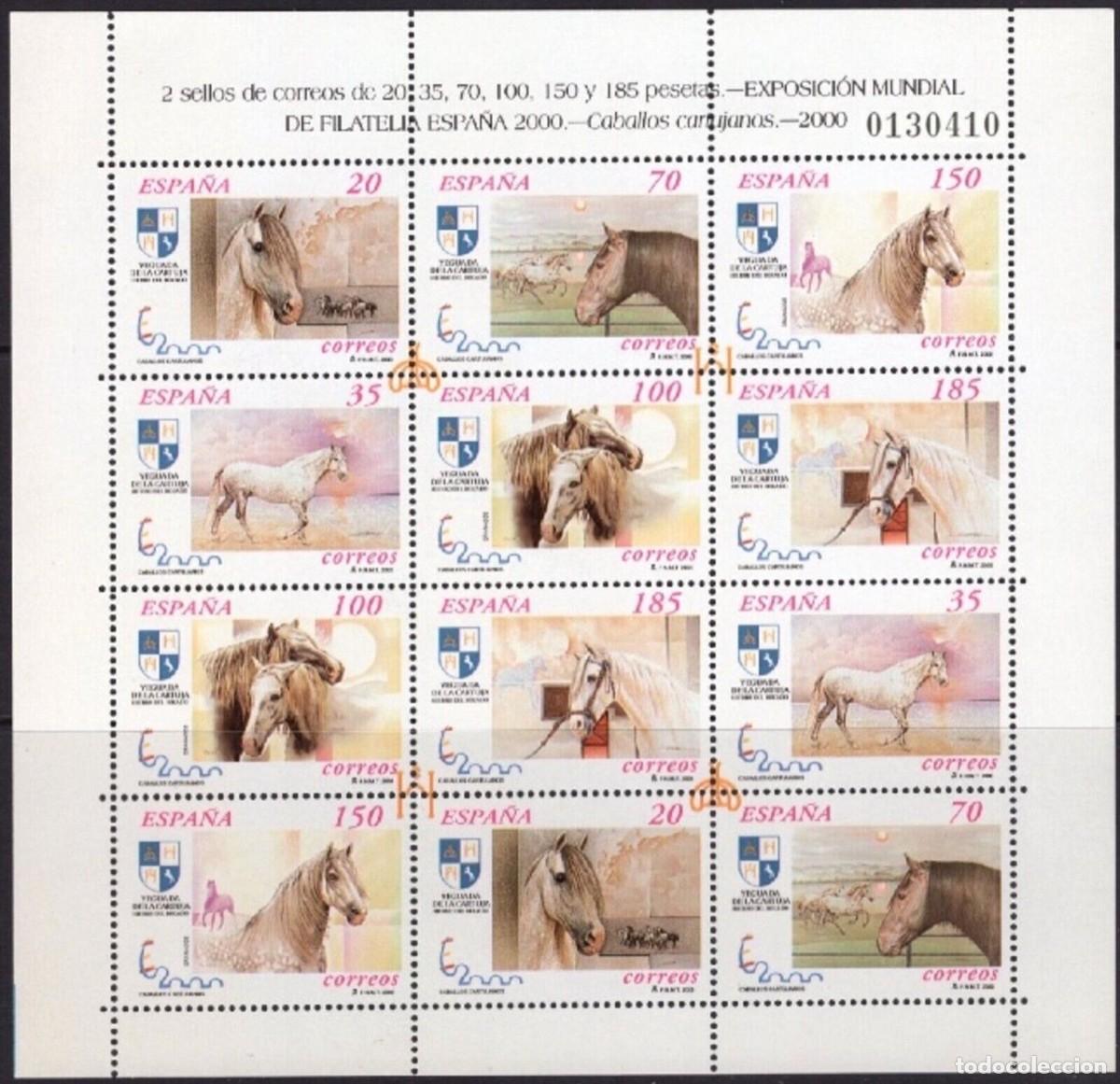 Stamps: Sellos Espa&ntilde;a A&ntilde;o 2000 minipliego n&ordm;69 Expo Espa&ntilde;a 2000 caballos cartujanos valor catalogo 58&euro;