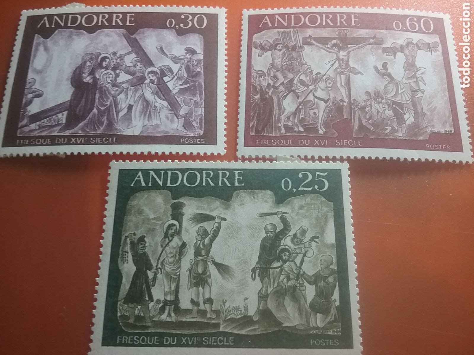 Timbres: Sello Andorra Francesa nuevo 1968. Frescos S. XVI. Escenas biblia. Religi&oacute;n. Arte. Caballo. Crucifi