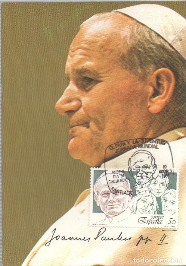 Sellos: Edifil n&ordm; 3022, Juan Pablo II, Tarjeta M&aacute;xima matasello primer d&iacute;a de Santiago Compostela 19-8-1989