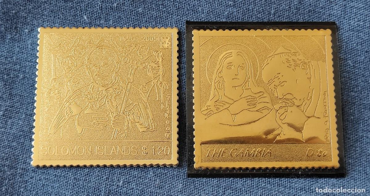 Sellos: FILATELIA 2 SELLOS CHAPA EN ORO PAPA JUAN PABLO II GAMBIA E ISLAS SALOMON 2005