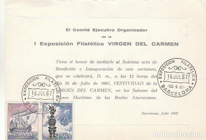 Sellos: A&Ntilde;O 1967, PRIMERA EXPOSICION DE LA VIRGEN DEL CARMEN, EN invitacion a la inauguracion. MUY RARO