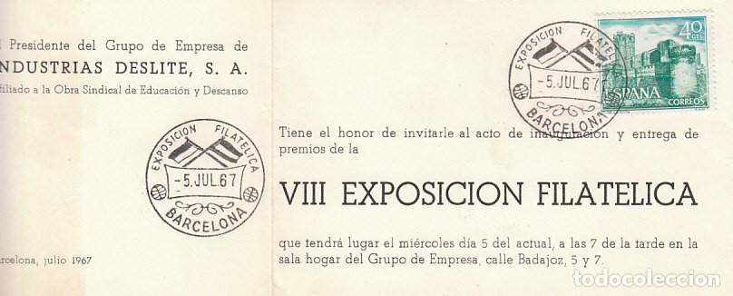 Sellos: A&Ntilde;O 1967, EXPOSICION FILATELICA DESLITE (EDUCACION Y DESCANSO) EN INVITACION A LA INAUGURACION. RARO