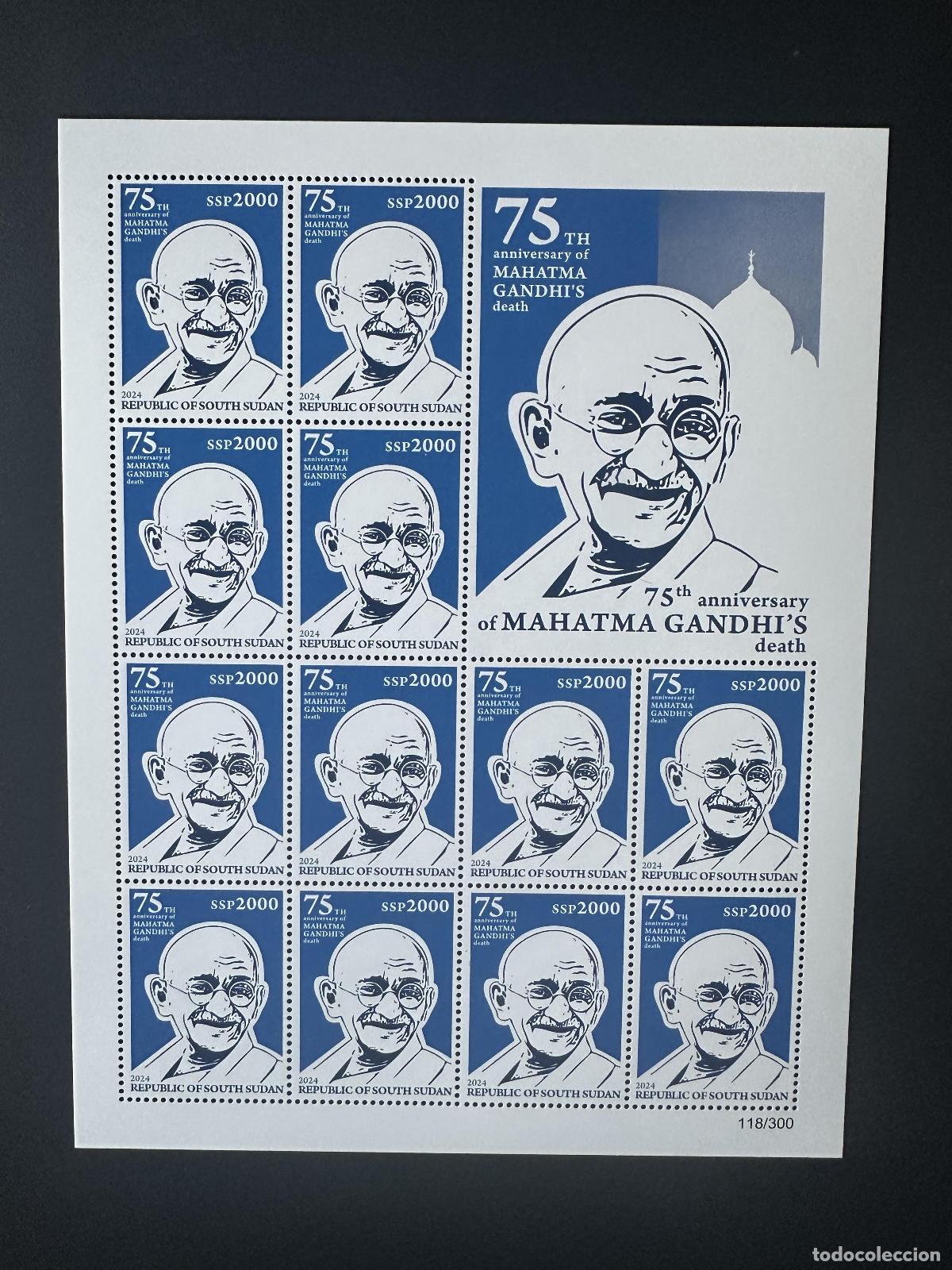 Briefmarken: Sud&aacute;n del Sur 2024 Mi. 33 Mohandas Mahatma Gandhi India muerte 2000 SSP sheet