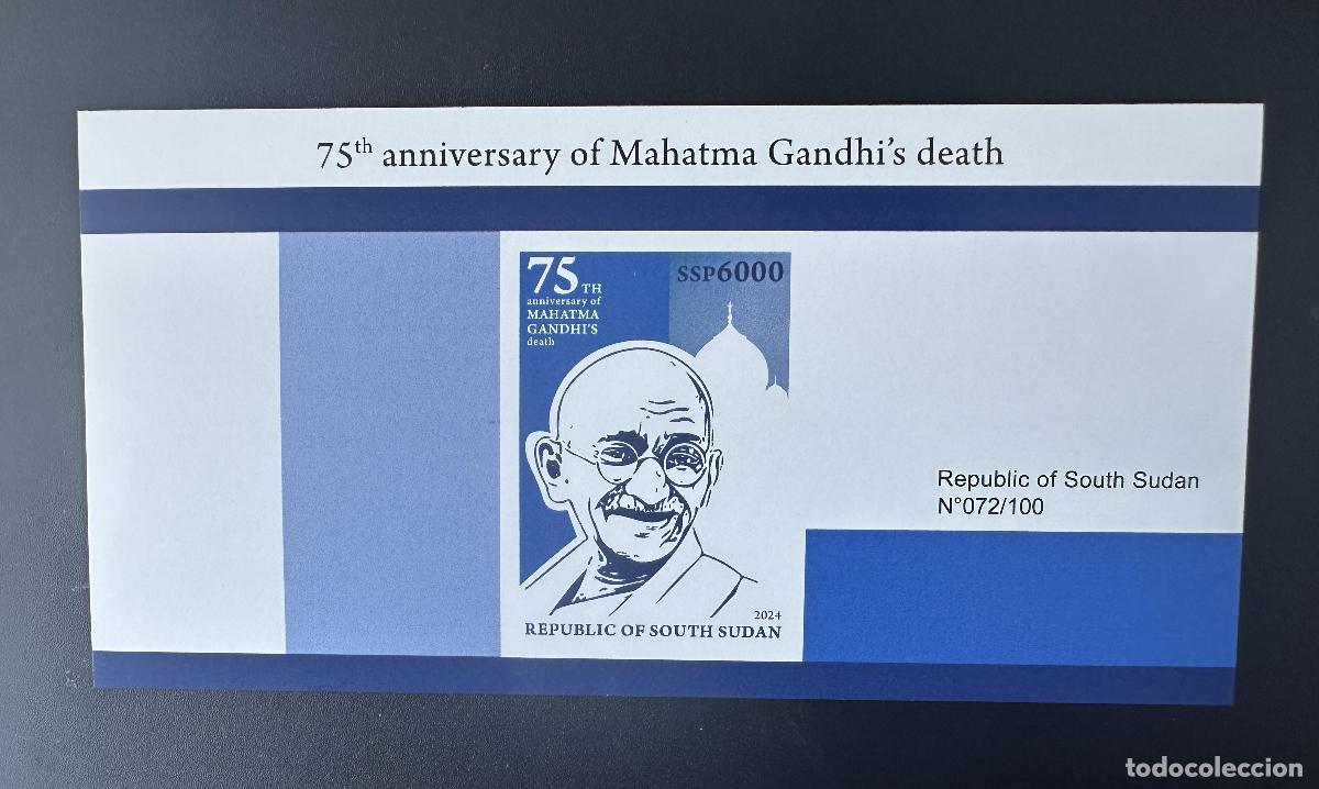 Sellos: Sud&aacute;n del Sur 2024 Mi. Bl. 2&ordm; Mohandas Mahatma Gandhi India muerte S/S