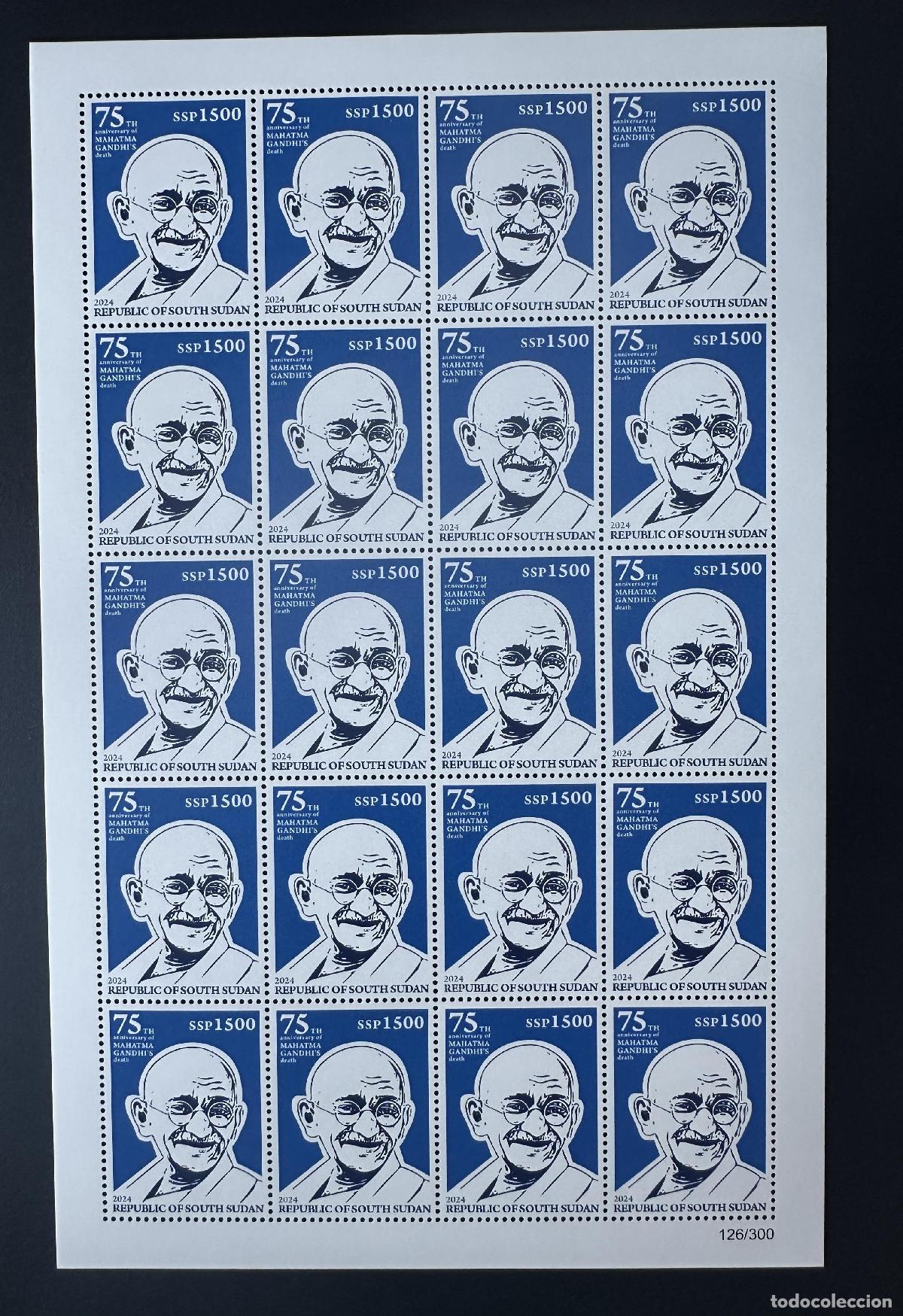 Sellos: Sud&aacute;n del Sur 2024 Mi. 32 Mohandas Mahatma Gandhi India fallece 1500 SSP board