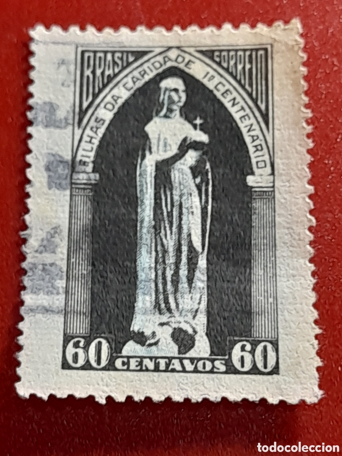 Sellos: Sello Brasil mtdo/udo 1950. 10Aniv llegada hojas caridad S. Vicente Pual. Religi&oacute;n. Escultura. Estat