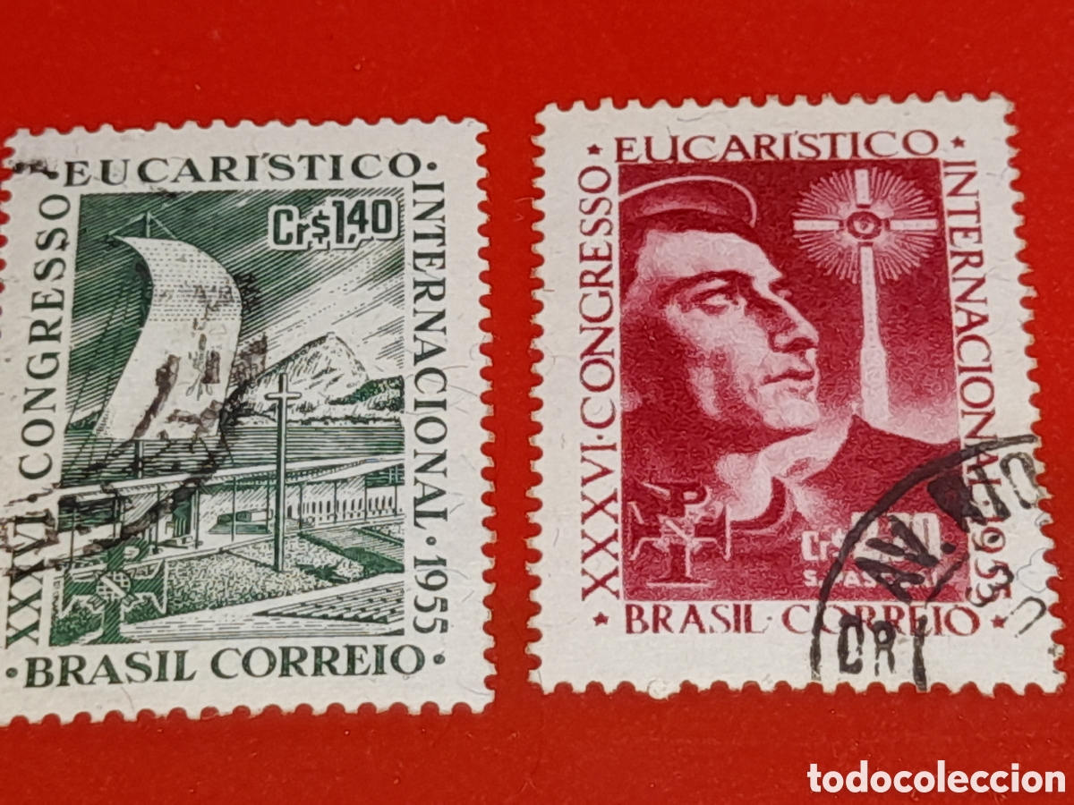 Sellos: Sello Brasil mtdo/udo 1955. 36 congreso eucaristico nacional. Religi&oacute;n. Creencias. Cruz. Monta&ntilde;a.