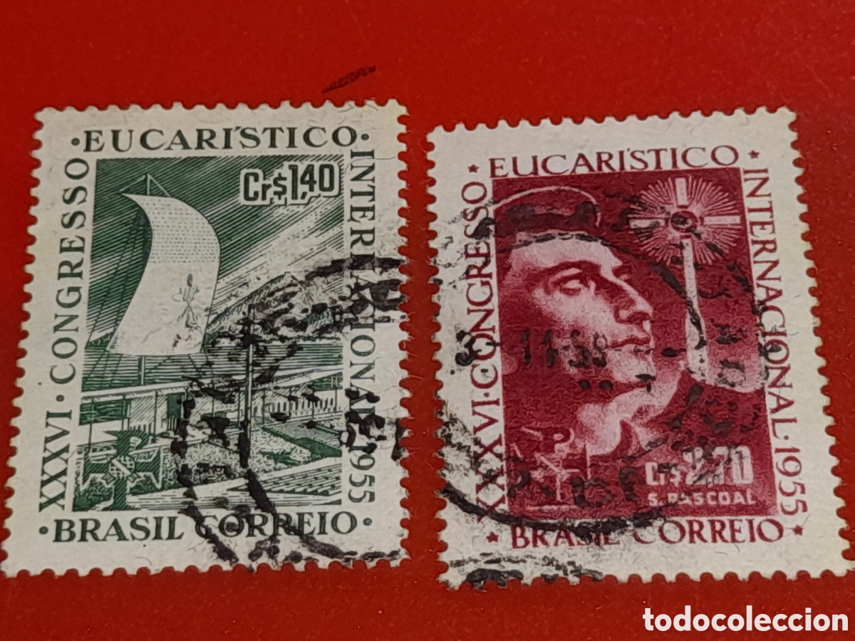 Sellos: Sello Brasil mtdo/udo 1955. 36 congreso eucaristico nacional. Religi&oacute;n. Creencias. Cruz. Monta&ntilde;a.