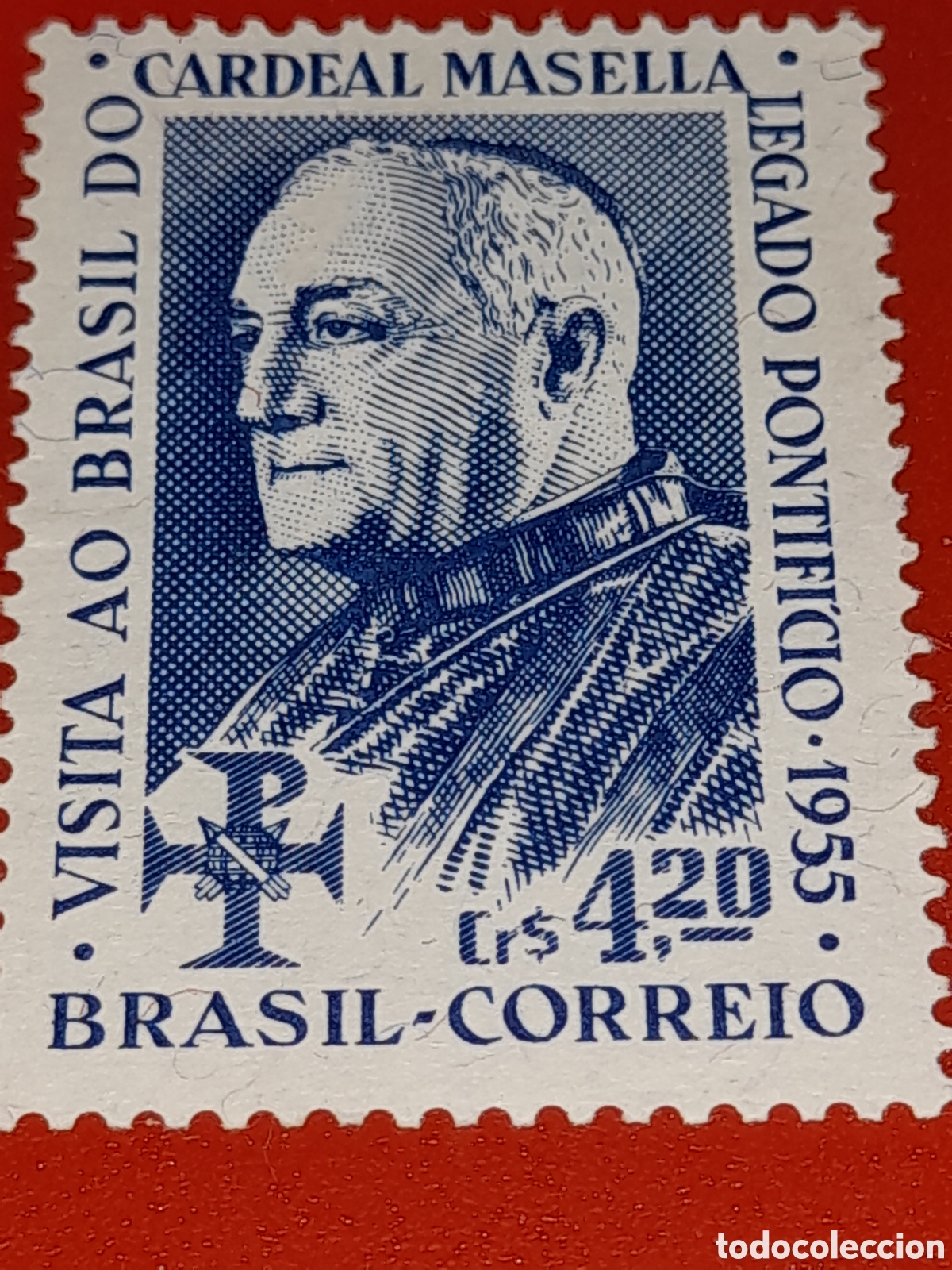 Sellos: Sello Brasil mtdo/udo 1955. Visita cardenal Masella. Religi&oacute;n. Famoso.