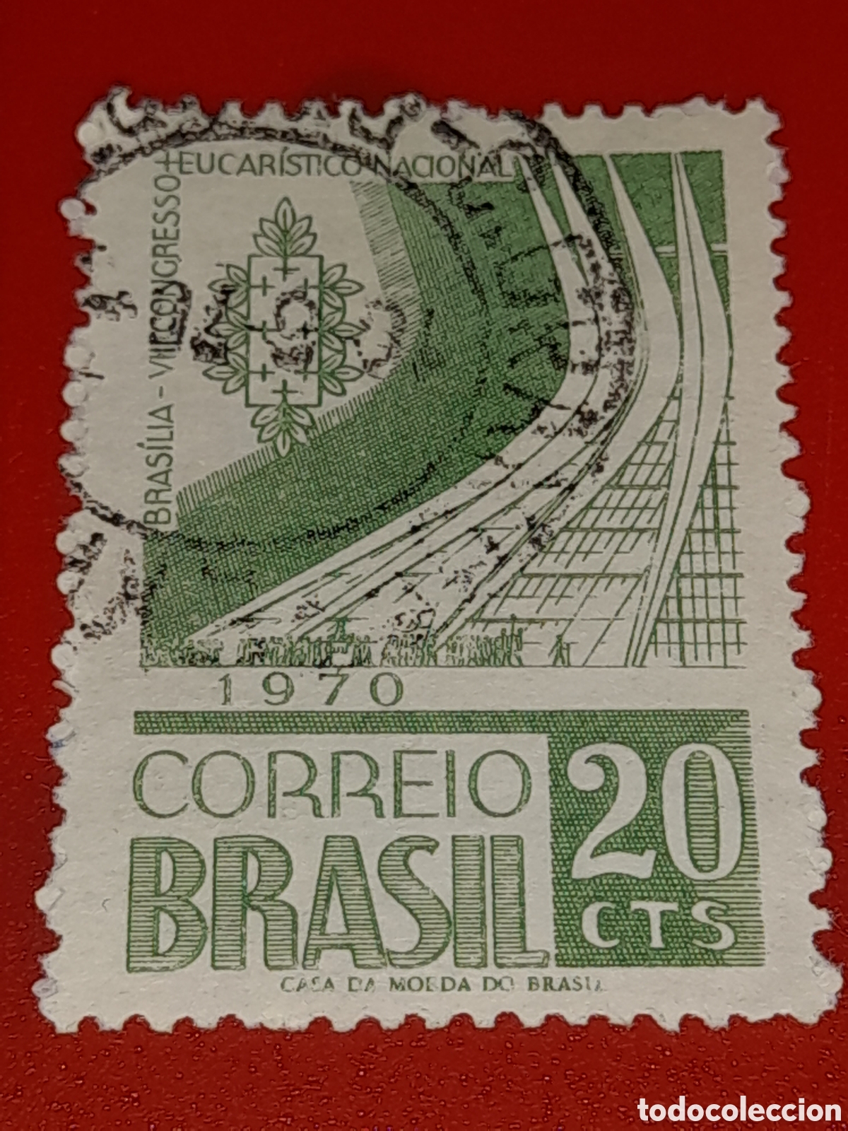 Sellos: Sello Brasil mtdo/udo 1970. 8 congreso eucaristico. Religion. Pabellon. Arquitectura. Constumbres.