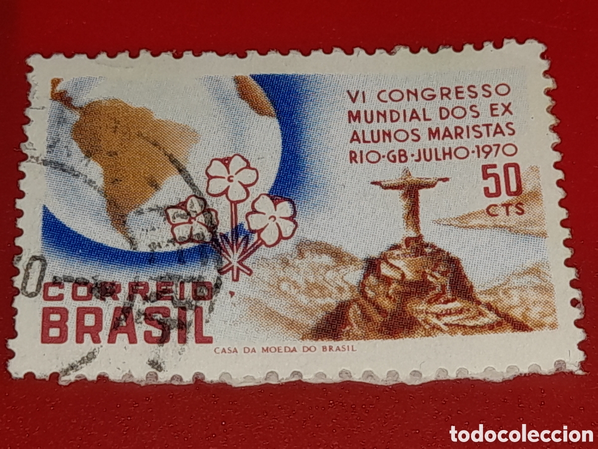 Sellos: Sello Brasil mtdo/udo 1970. 6 Congreso mundial estudiantes Maristas. Flores. Cristo. Vistas. Religio
