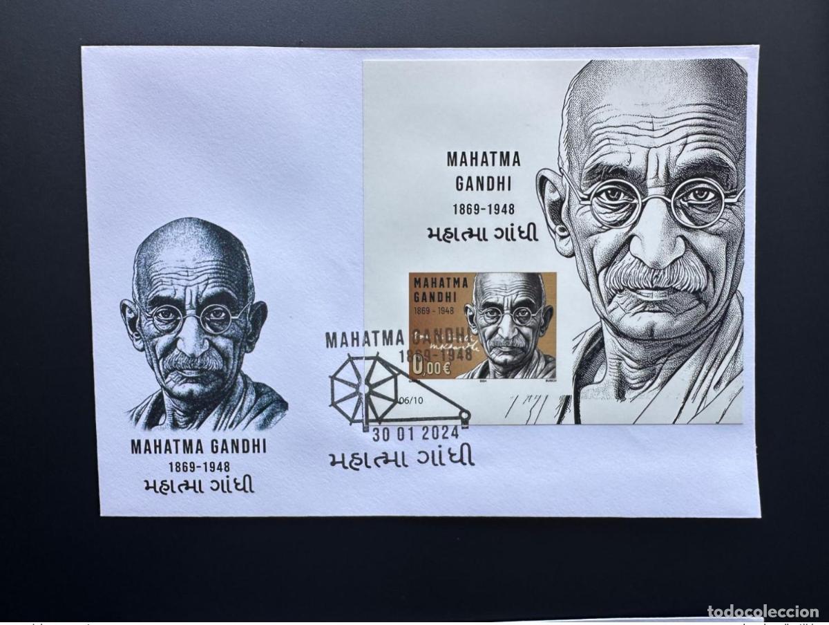 Sellos: 0&euro; 2024 L&aacute;mina de recuerdo FDC IMPERF &laquo;Mohandas Mahatma Gandhi&raquo; Gabris tipo II