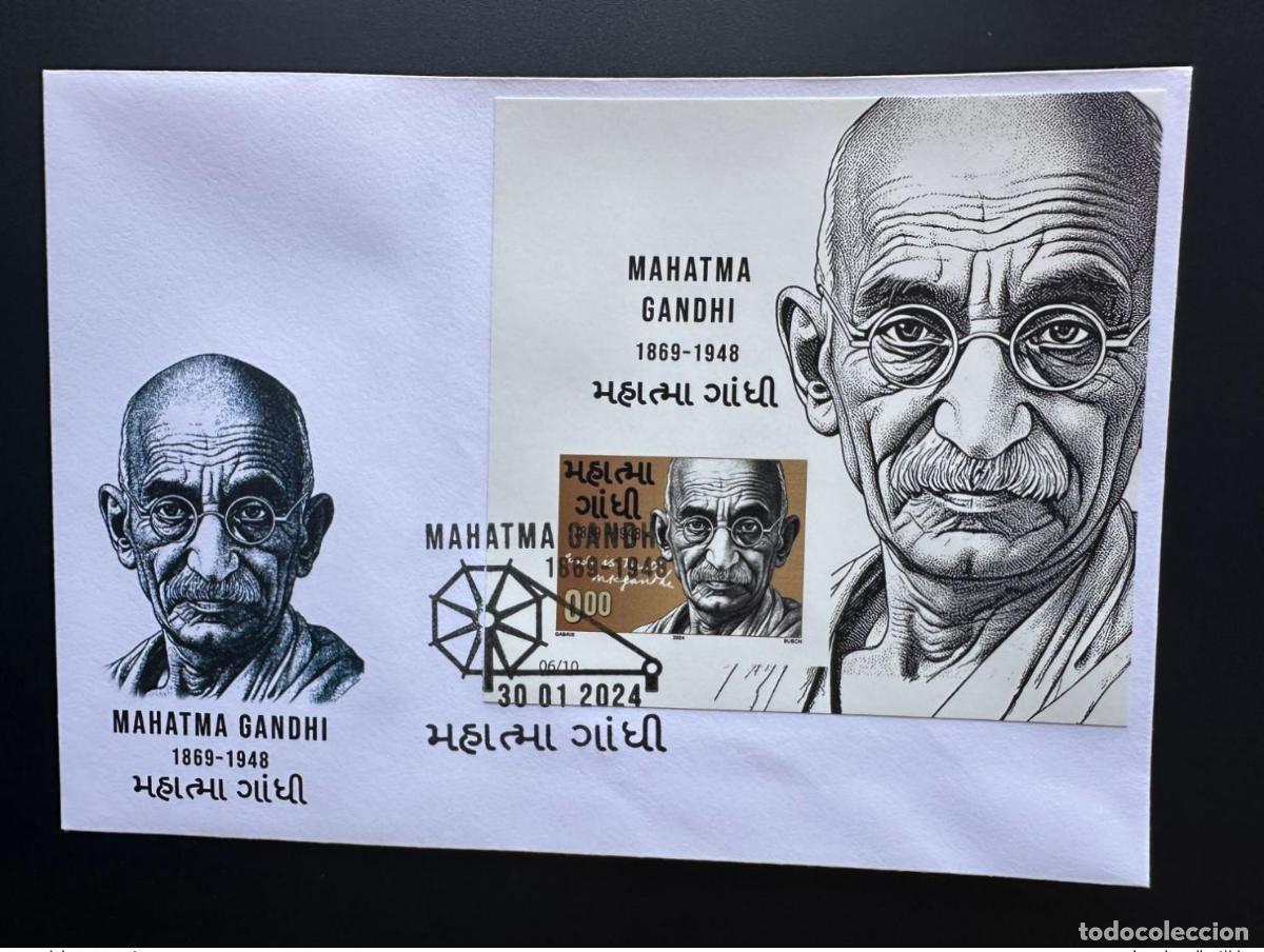 Sellos: $0.04 2024 L&aacute;mina de recuerdo IMPERF FDC &laquo;Mohandas Mahatma Gandhi&raquo; Gabris tipo II