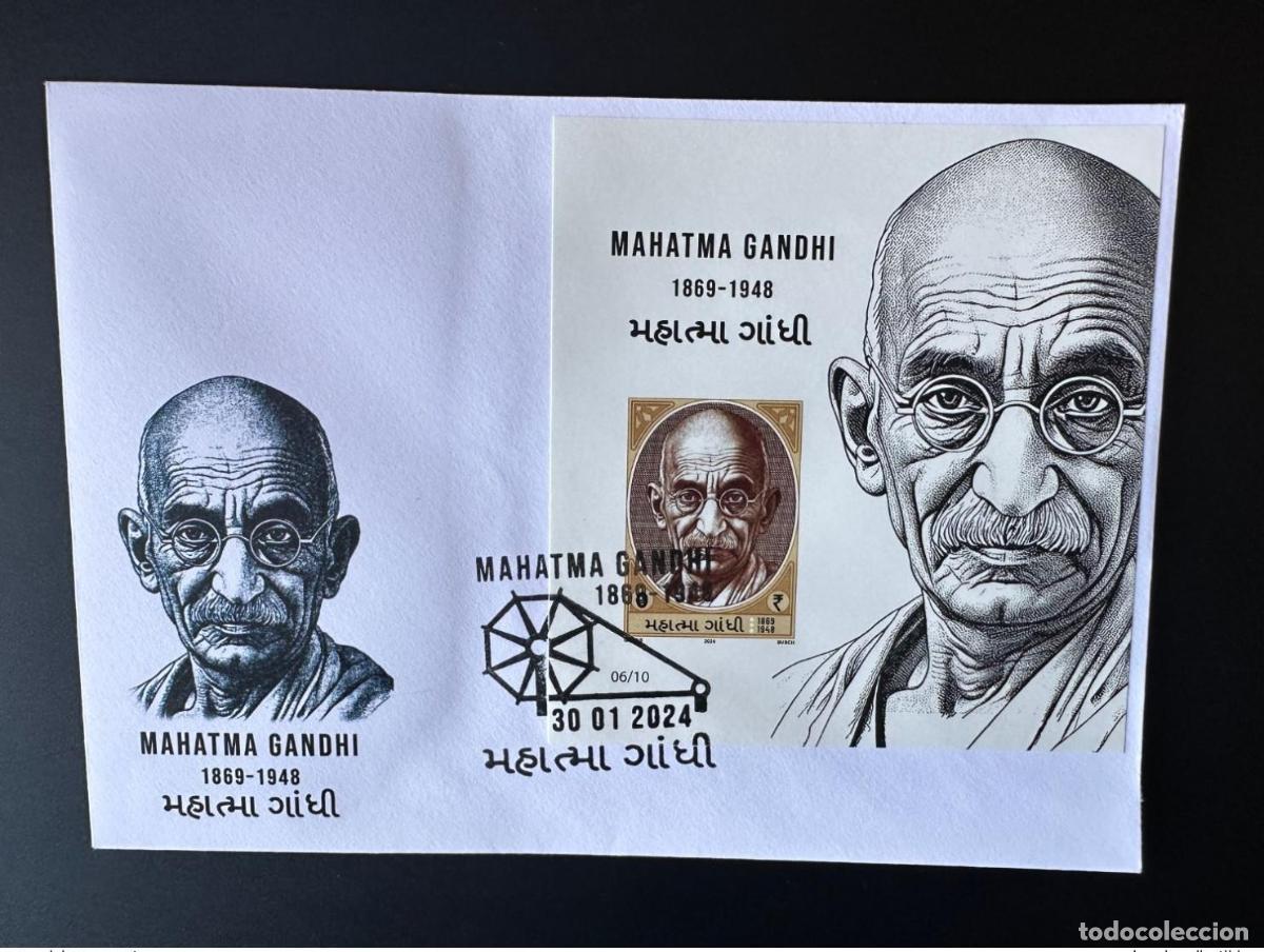 Sellos: $0.04 2024 L&aacute;mina de recuerdo IMPERF FDC &laquo;Mohandas Mahatma Gandhi&raquo; Gabris tipo I