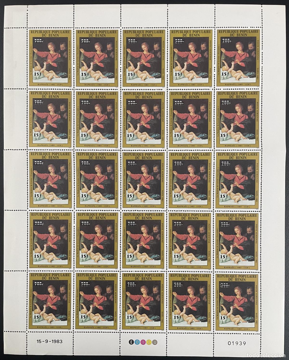 Sellos: Benin 1984 YT PA 324 Plato sobrecargado Raphael Madonna pintura religiosa Navidad