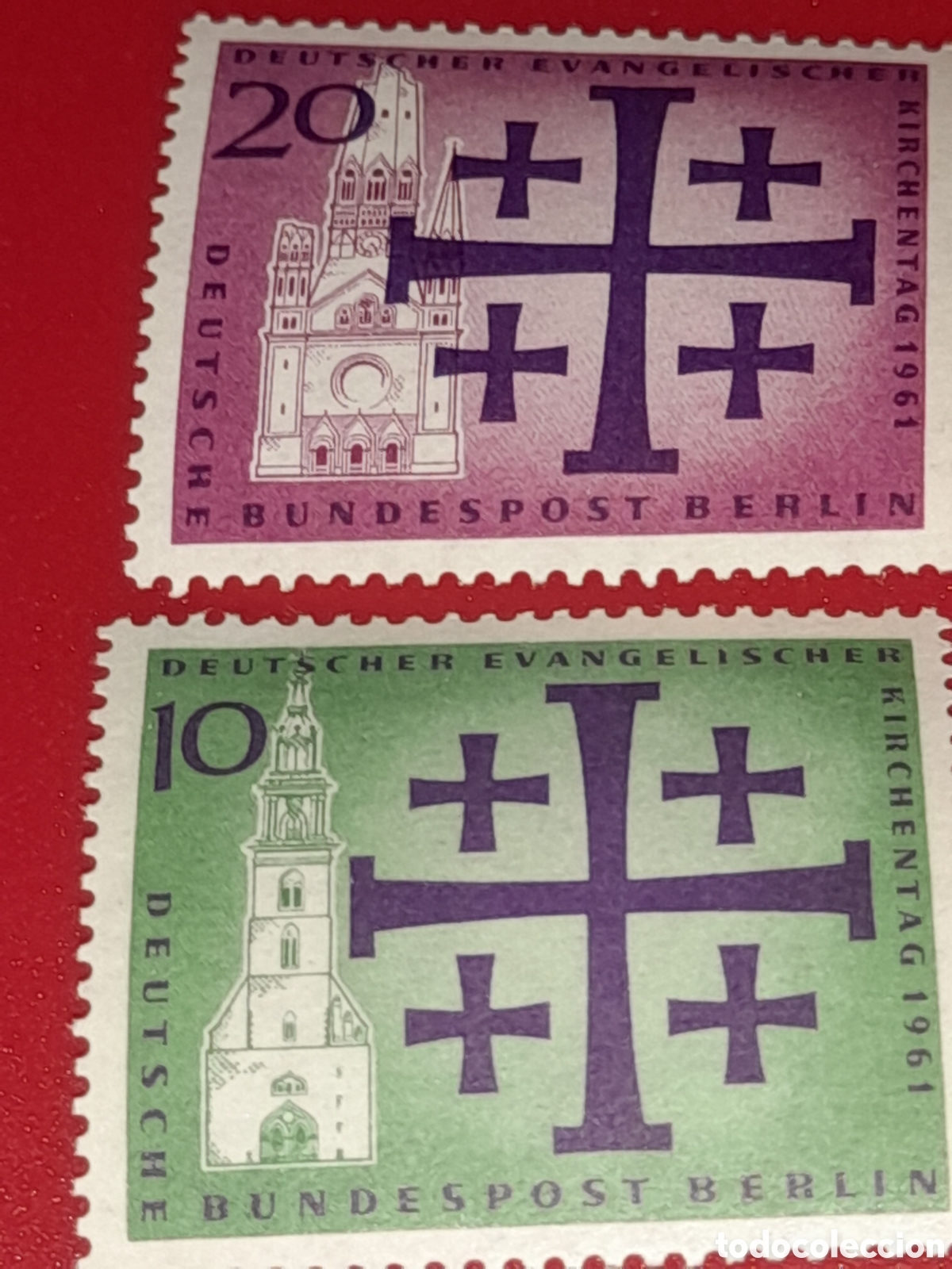 Sellos: Sello Alemania, Berlin nuevo 1961. D&iacute;a Iglesia evangelista. Regi&oacute;n. Creencias. Cruces. Torre. Catedr