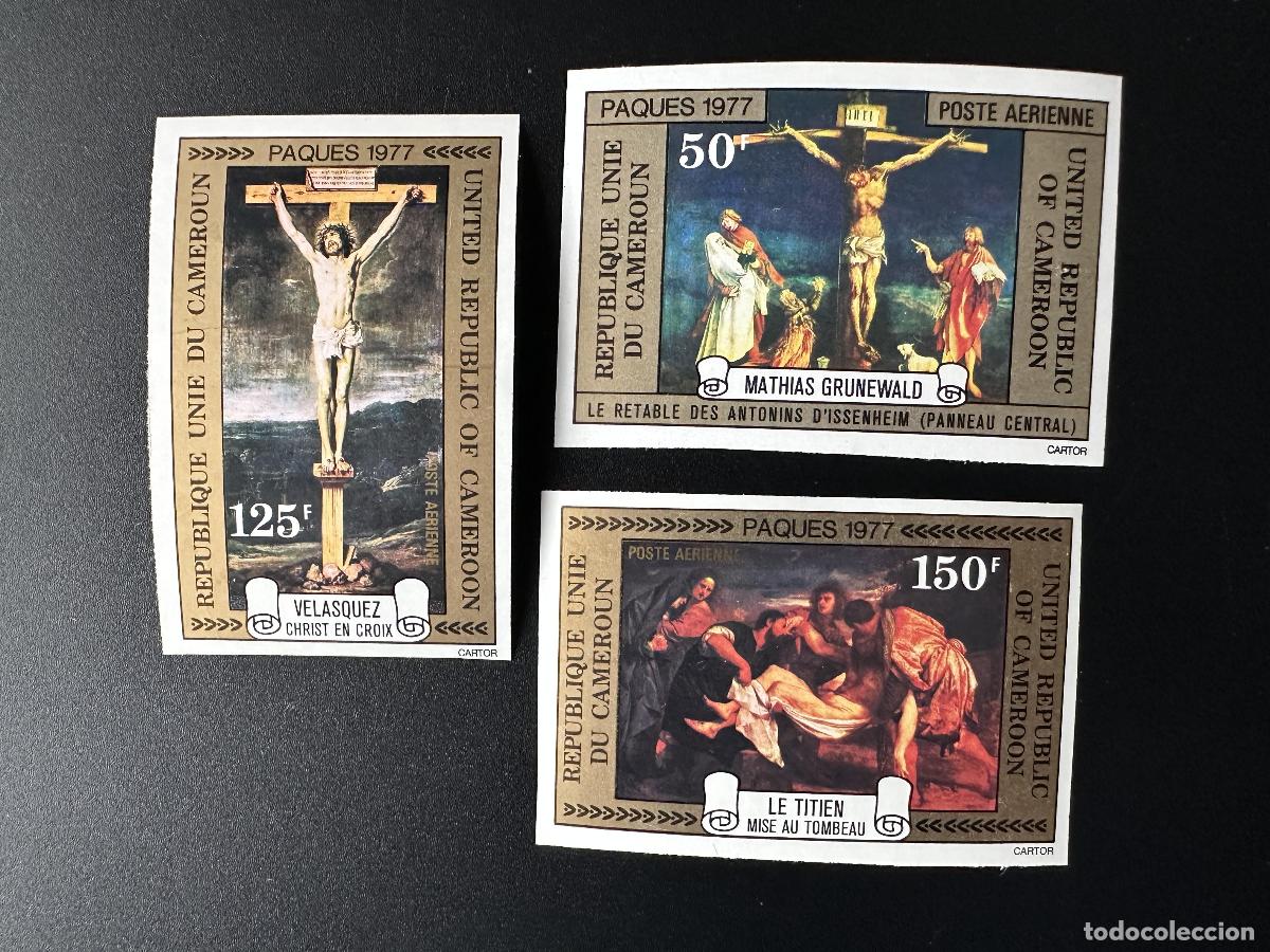 Sellos: Camer&uacute;n 1977 Mi. 838 - 840 Segunda Pascua Vel&aacute;squez Gr&uuml;newald Cruz de Cristo Tiziano