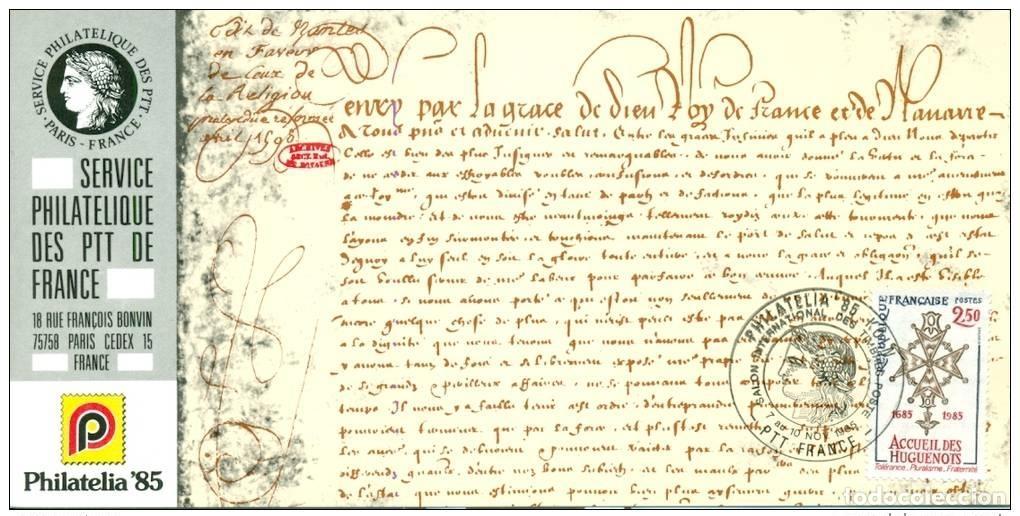 Sellos: 021 Mapa oficial Exposici&oacute;n de filatelia 1985 Francia FDC Hogar los hugonotes
