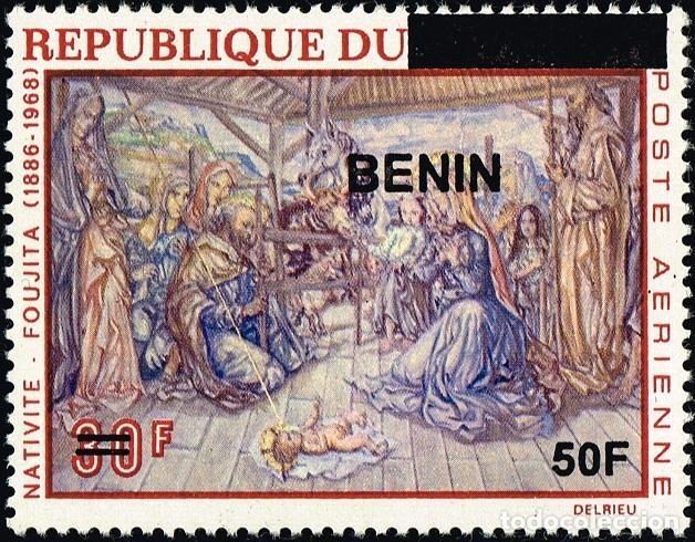 Sellos: Ben&iacute;n 2009 Mi. 1591 sobrecargado Natividad Foujita pintura Navidad a&eacute;reo