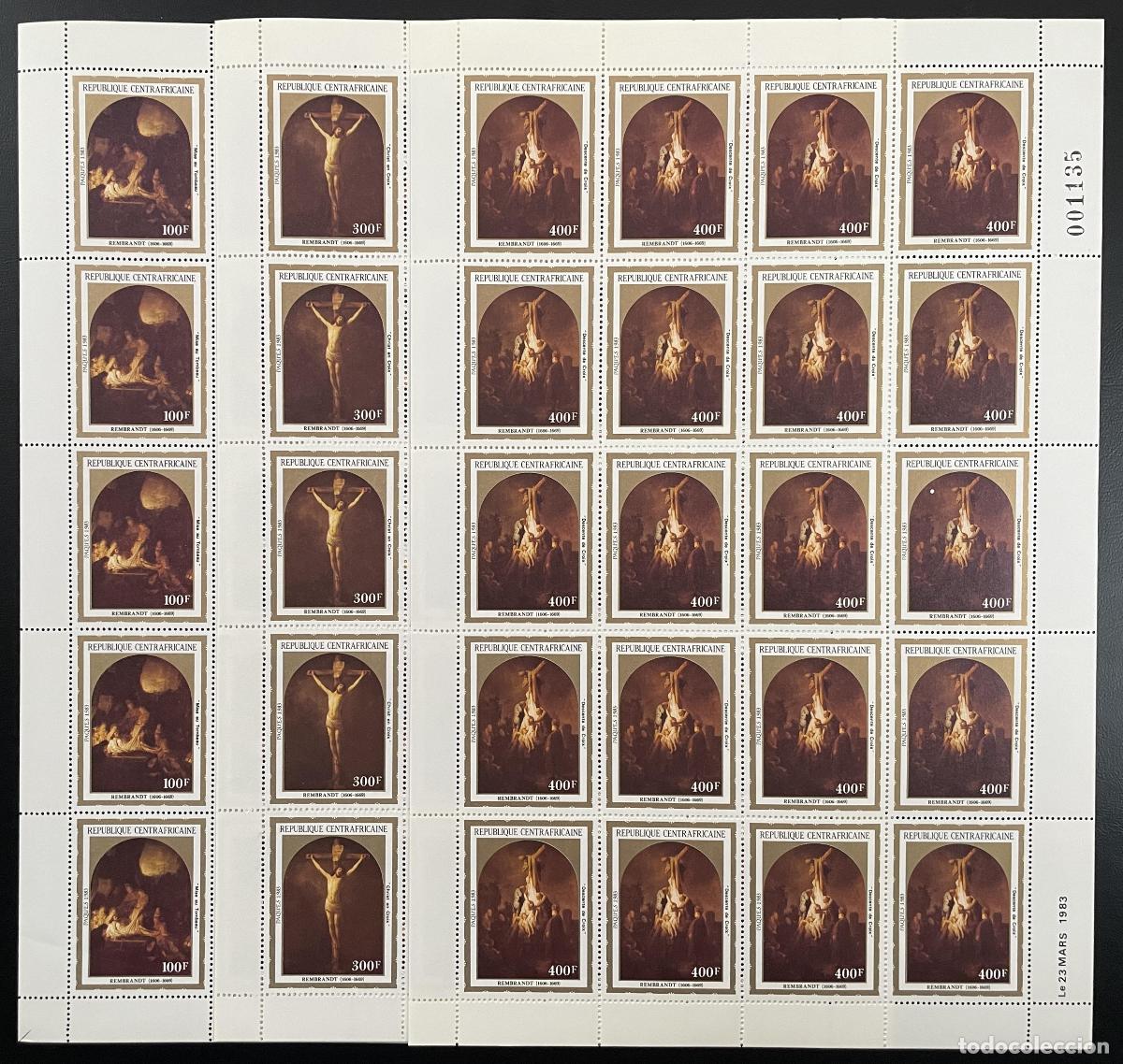 Sellos: Centroafricano 1983 YT 564-566 tabl&oacute;n Rembrandt crucifixi&oacute;n arte religioso