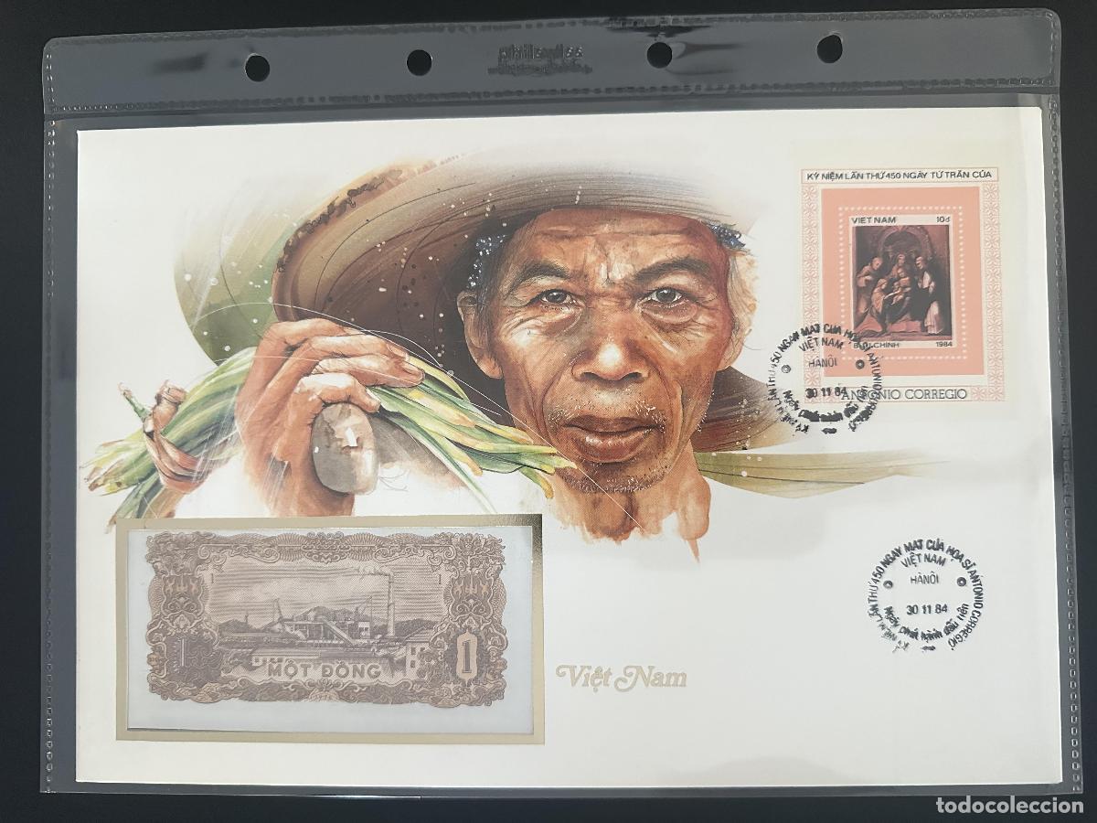 Stamps: Vietnam 1984 sobre numism&aacute;tico billete 1 Dong bloque Corregio