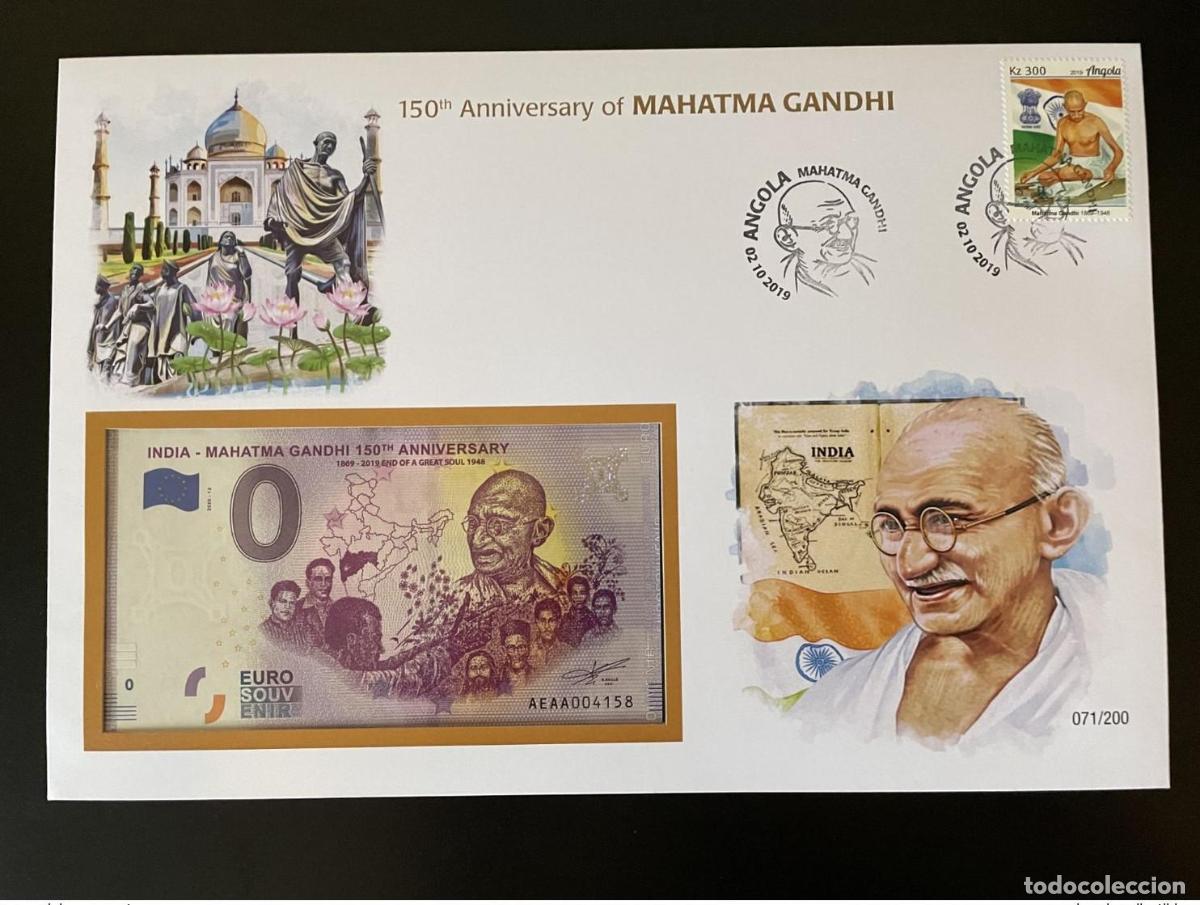 Sellos: Funda para billetes de recuerdo en euros Mahatma Gandhi India 150 a&ntilde;os Angola Banknotenbrief