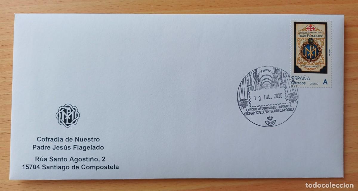 Sellos: Sobre de la Cofrad&iacute;a de N. P. J. Flagelado de Santiago. Con Tusello propio y matesellos tur&iacute;stico