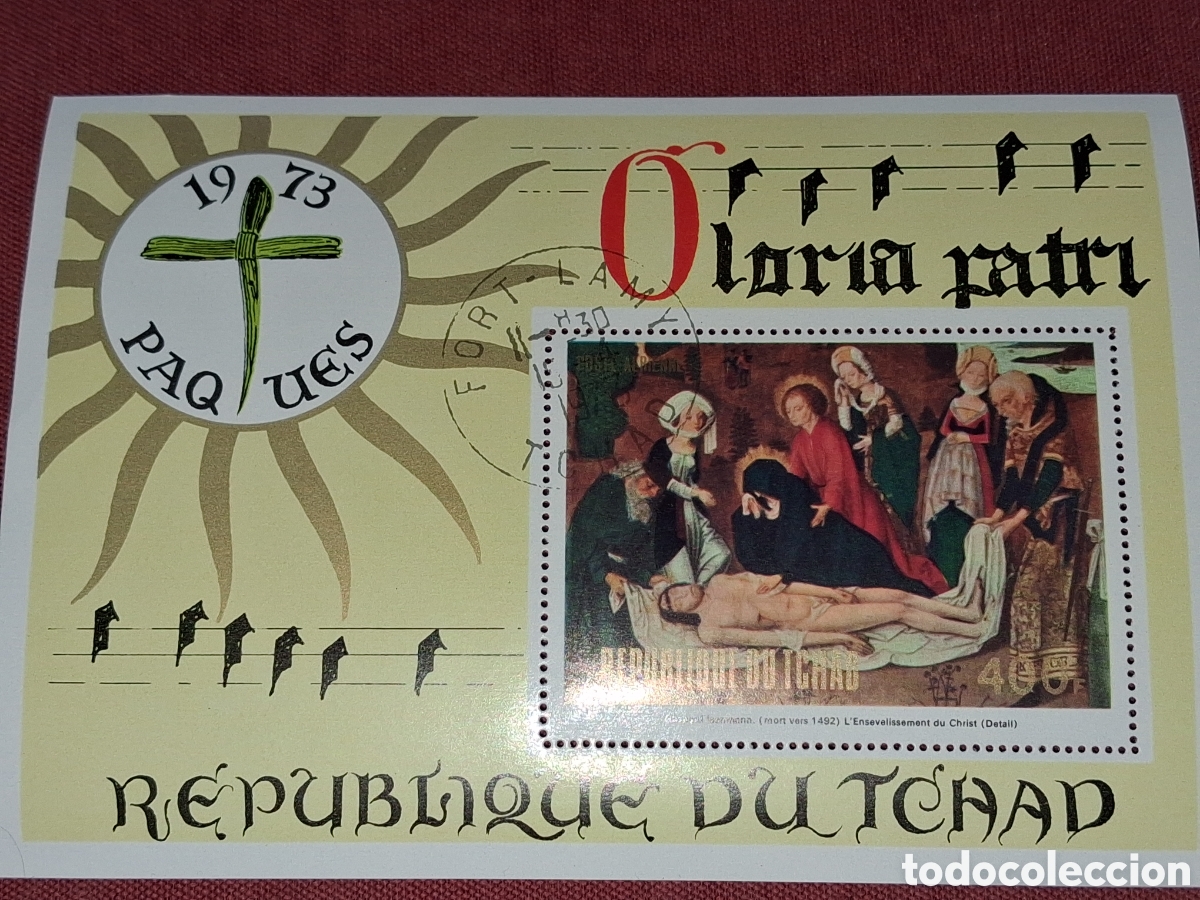 Sellos: HB Chad mtdo 1973. Semana Santa. Religi&oacute;n. Arte. Pintura. Entierro Cristo. Caspar. Pascua.