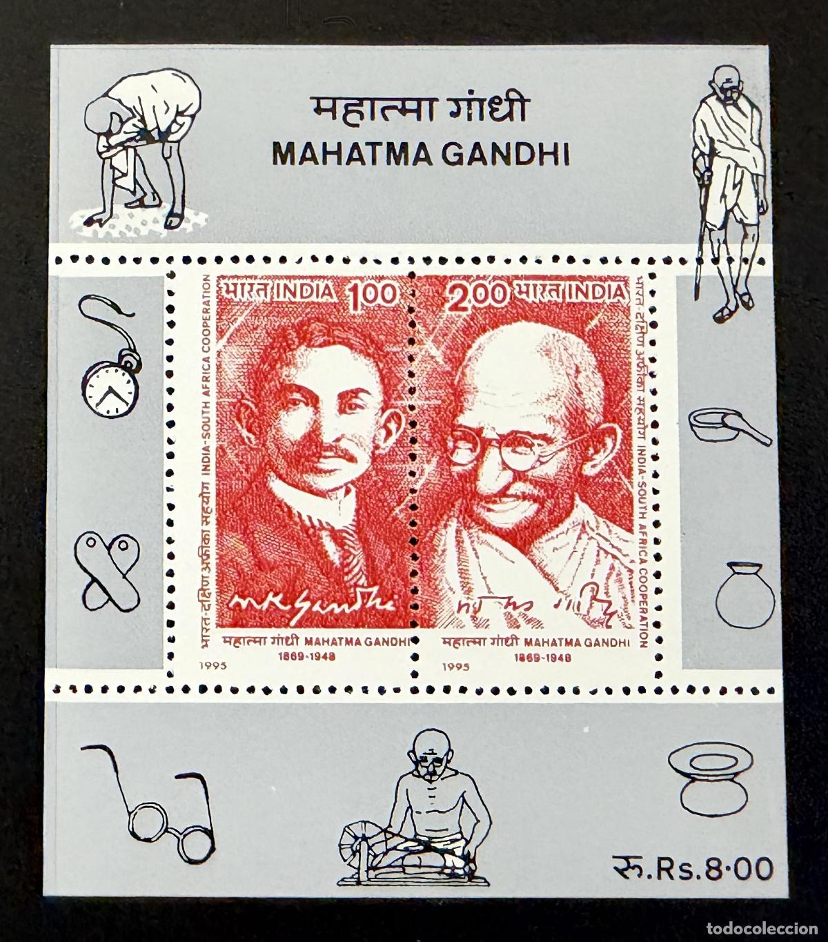 Timbres: India 1995 Mi. Bl. 6 emisi&oacute;n conjunta Gandhi Sud&aacute;frica bloque