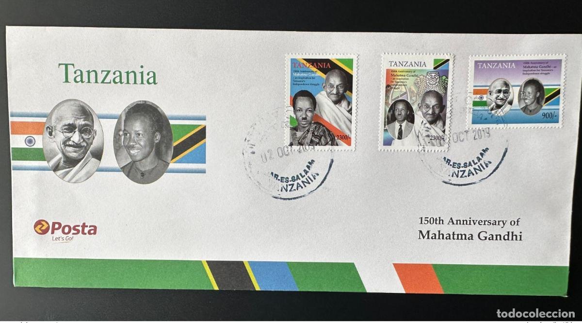 Timbres: Tanzania 2019 Mi. 5444 - 5446 FDC Primer d&iacute;a Mahatma Gandhi India 150 a&ntilde;os