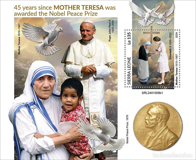 Sellos: Sierra Leona 2024 Mi. Bl. 3208 bloque Madre Teresa Nobel Juan Pablo II