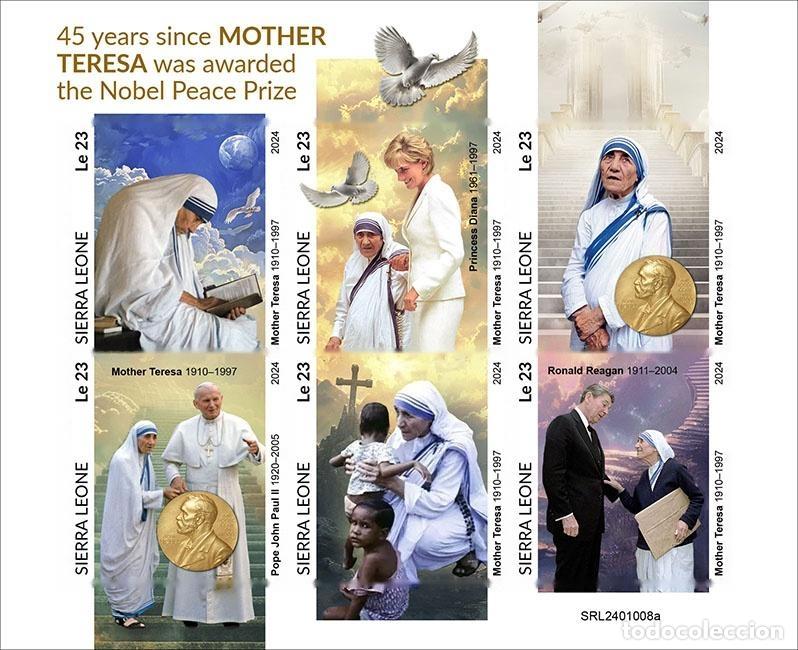 Sellos: Sierra Leona 2024 Mi. 18356-18361 hoja sin dentar Madre Teresa Nobel