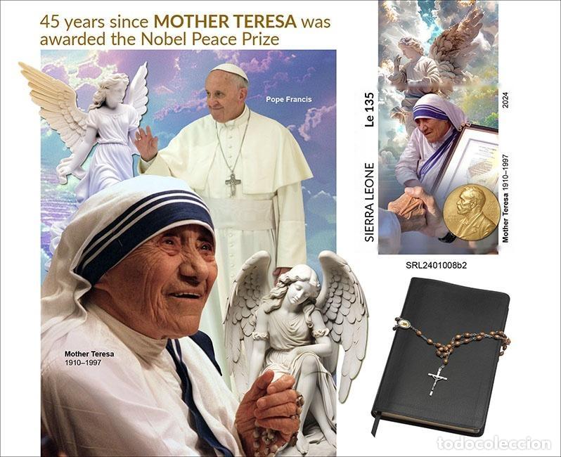 Sellos: Sierra Leona 2024 Mi. Bl. 3209 bloque sin dentar Madre Teresa Nobel Juan Pablo II