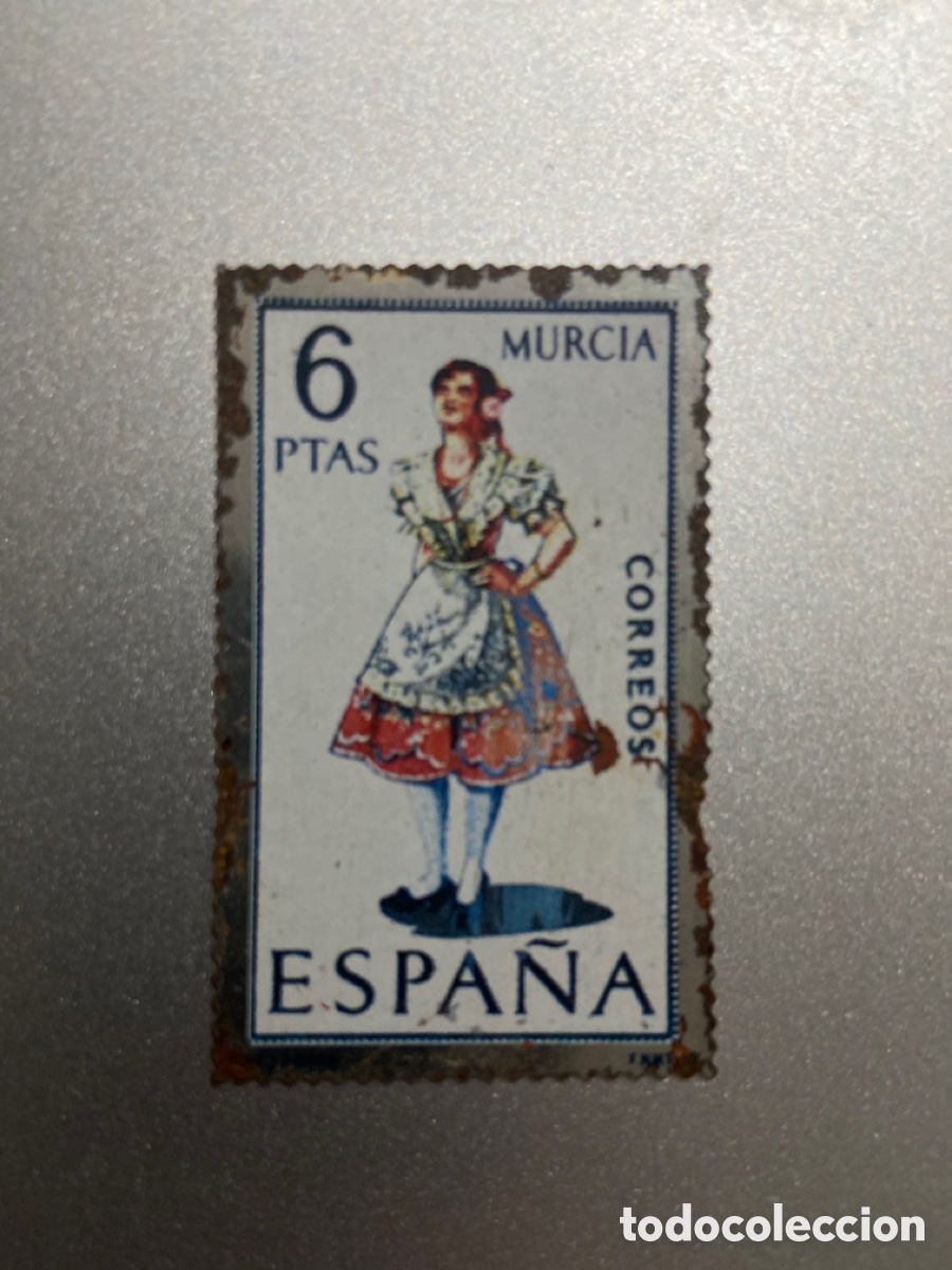 Timbres: Sello met&aacute;lico 6 pesetas Traje Regional Murcia