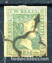 Sellos: Edifil 5. 10 reales, Isabel II. A&ntilde;o 1850. Falsificaci&oacute;n filat&eacute;lica. Matasellado