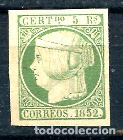 Sellos: Edifil 15, 5 reales Isabel II. A&ntilde;o 1852. Falsificaci&oacute;n filat&eacute;lica. Nuevo sin goma