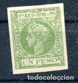 Briefmarken: Edifil 148 de Puerto Rico. 1 peso. a&ntilde;o 1898. Sin dentar. Falsificaci&oacute;n filat&eacute;lica.