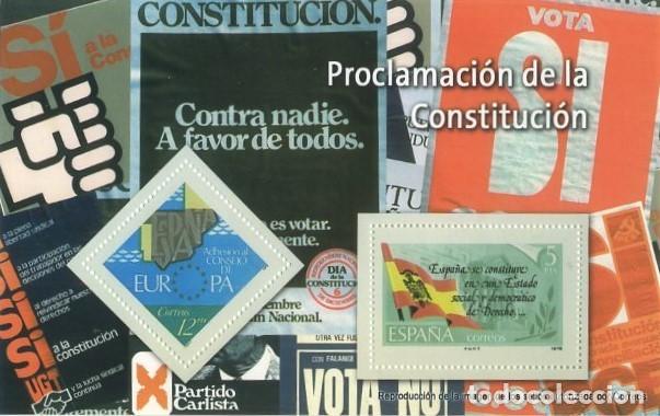 Sellos: REPRODUCCI&Oacute;N HOJA BLOQUE DE SELLOS, PROCLAMACION DE LA CONSTITUCION. EL MUNDO. SELLO-679