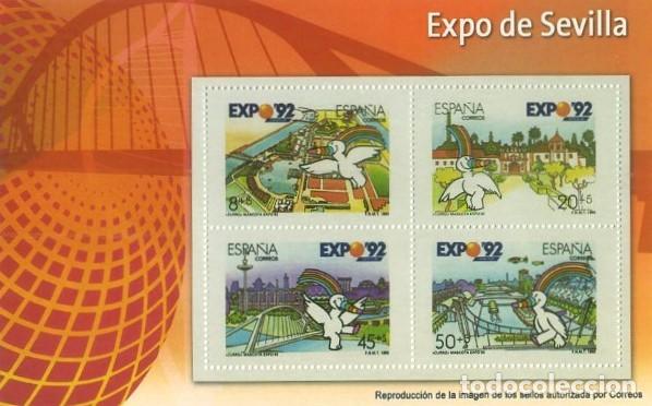Sellos: REPRODUCCI&Oacute;N HOJA BLOQUE DE SELLOS, EXPO DE SEVILLA. EL MUNDO. SELLO-680