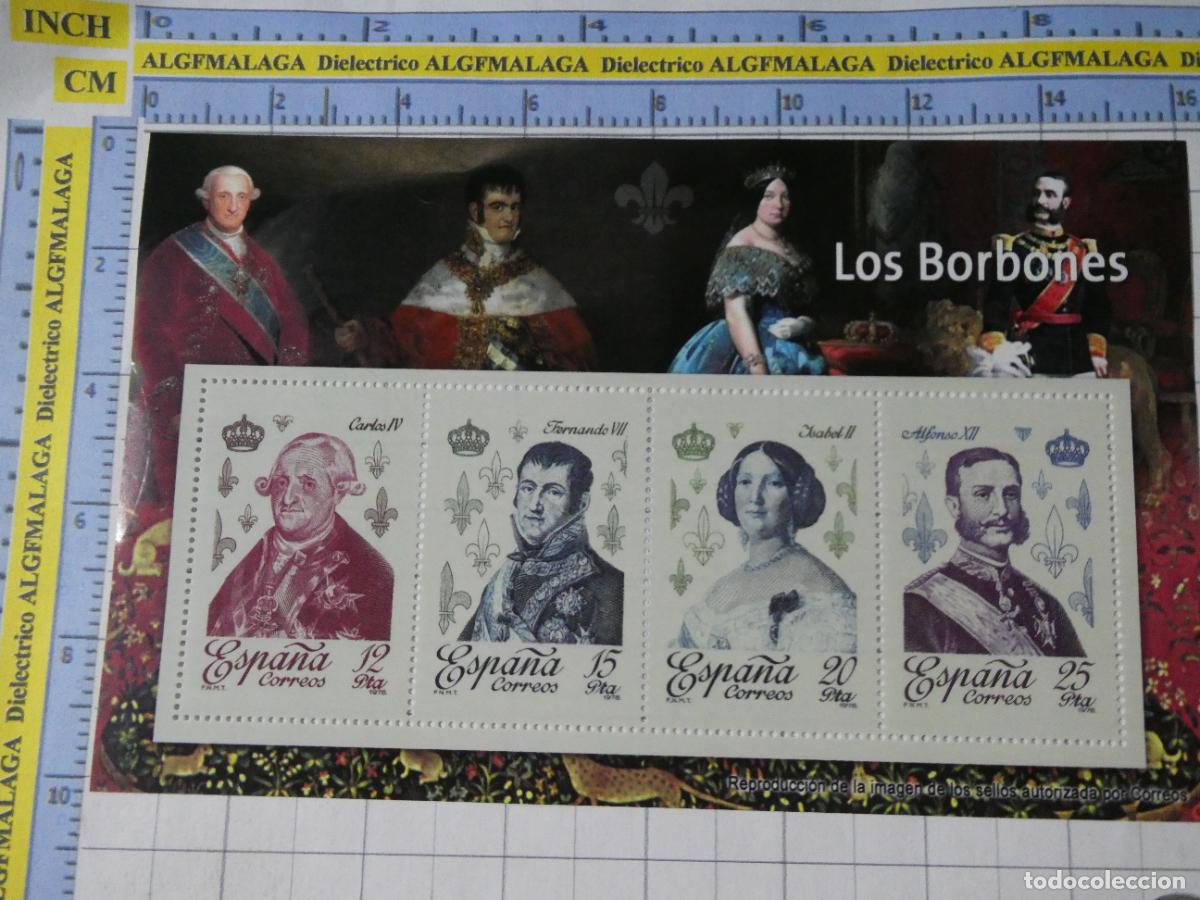 Sellos: HOJA BLOQUE FACS&Iacute;MIL. SELLOS DEMOCRACIA. REYES BORBONES CARLOS IV FERNANDO VII ISABEL II ALFON. 309