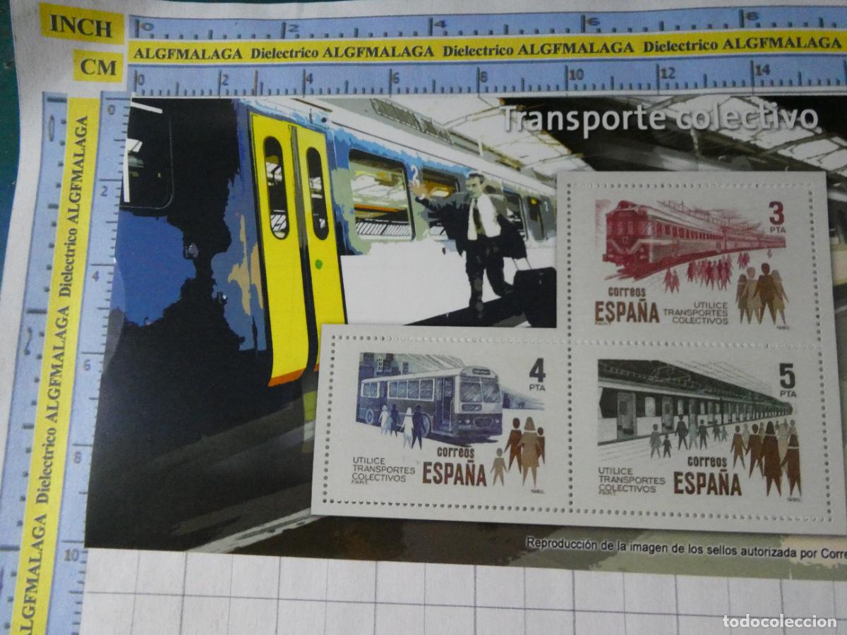 Selos: HOJA BLOQUE FACS&Iacute;MIL. SELLOS DEMOCRACIA. TRANSPORTE COLECTIVO TREN AUTOB&Uacute;S METRO 365