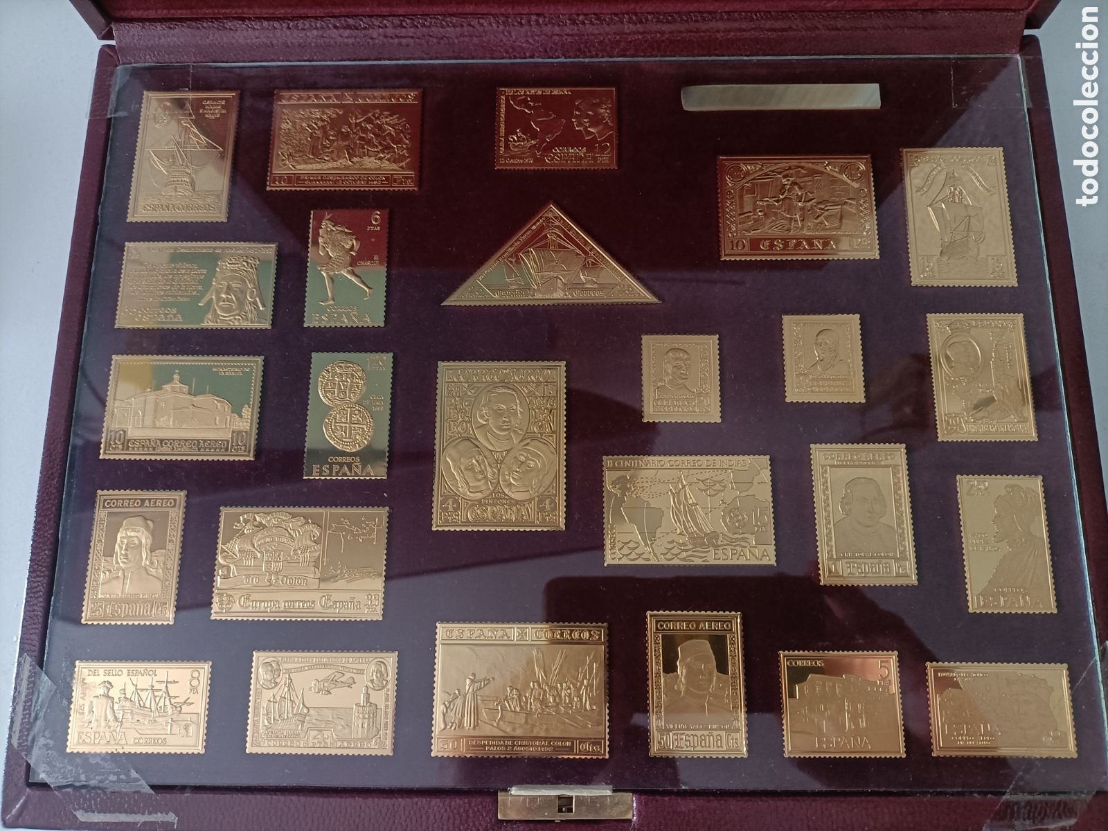 Timbres: Encuentro de Dos Mundos. 25 sellos plata .925 chapado oro 22Qt. Completa+libro+certif. Impecable.