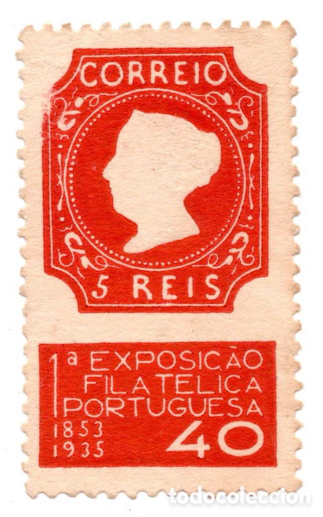 Sellos: Vinheta 1&ordf; Exposi&ccedil;&atilde;o Filat&eacute;lica Portuguesa 1935 - Erinnofilia - R&eacute;plica selo 1853