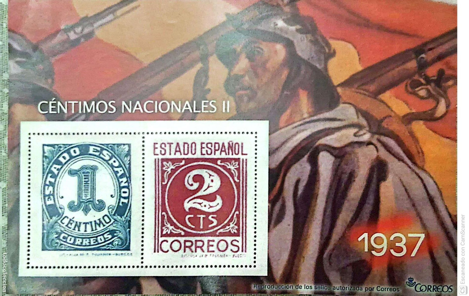 Sellos: Espa&ntilde;a. C&eacute;ntimos Nacionales II. 1937. Reproducci&oacute;n de los sellos Autorizada por Correos.