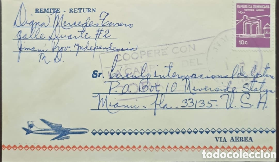 Sellos: CA)Dominican Republic &middot; 1980s &middot; Airmail & Correspondence &middot; Handwritten envelope from Jiman&iacute;, Indepen
