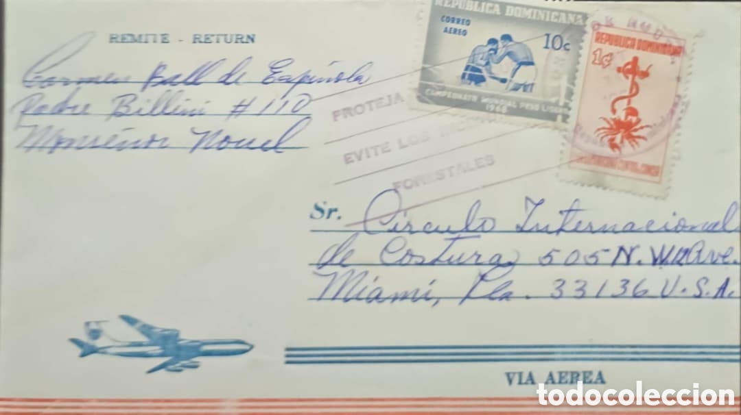 Sellos: CA)Dominican Republic &middot; 1970s &middot; Sports & Nature &middot; Handwritten airmail envelope addressed to Miami, f